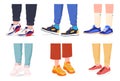 A set of legs wearing sneakers. Modern fashionable comfortable shoes. Vector illustration