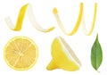 Set of lemon fruits isolated on white background. Cutted lemon. Lemon peels. Lemon slice