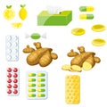Set of lemon, ginger, pills and lozenges for cough and colds.Vector stock illustration, EPS 10.
