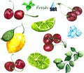 Set with lemons, limes, mint, cherries and ice pieces. Watercolor elements isolated on a white background for illustrations on the Royalty Free Stock Photo