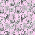 Lemurs pattern drawing silhouette tropical animals isolate object pink background primacy