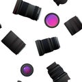 Set of lenses for camera. Various sizes and focal lengths. Optical device. Shooting equipment. Seamless pattern. Object