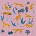 Set of leopards in various poses, plants, flowers, exotic, graphic cute trend style, mammal predator, jungle. Vector