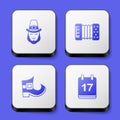 Set Leprechaun, Accordion, boot and Saint Patricks day with calendar icon. White square button. Vector