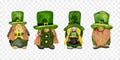 Set leprechaun with four leaves clovers on transparent background, Cute elements for St Patrick day greeting card,Gnomes with