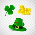 Set of Leprechaun hat, clover and golden coins isolated on transparent background. St. Patrick s day holiday objects