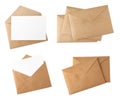 Set with letter in kraft envelopes on white background