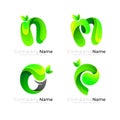 Set letter N, M, O, P design nature template, leaf logos, green