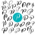 Set letter P. Hand drawn vector flourish calligraphy. Script font. Isolated letters written with ink. Handwritten brush Royalty Free Stock Photo