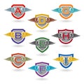 Set of letter shields with wings for logos, t-shirts, emblems.