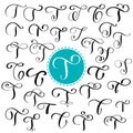 Set letter T. Hand drawn vector flourish calligraphy. Script font. Isolated letters written with ink. Handwritten brush Royalty Free Stock Photo