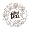 Set with lettering Black Tea. Vector vintage engraving Royalty Free Stock Photo