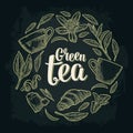 Set with lettering Green Tea. Vector vintage engraving Royalty Free Stock Photo