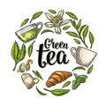 Set with lettering Green Tea. Vector vintage engraving Royalty Free Stock Photo