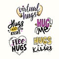 Set of Lettering with Hugs and Kisses. Hand Drawn Banners with Doodle Design Elements. Love or Friendship World Day Royalty Free Stock Photo