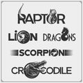 Set of lettering logos with animals. Lion, scorpion, dragon, dinosaur and crocodile. Print design for t-shirt. Royalty Free Stock Photo
