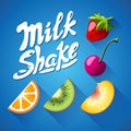 Set of lettering milkshake sign with Strawberry, kiwi, orange, cherry - label Royalty Free Stock Photo