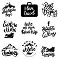 Set of lettering motivation phrases with travel and adventure elements mountain, camping, tourism