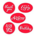 Set of lettering quotes stickers - thank you, enjoy, awesome, love you, happy birthday. Gift labels for decorating