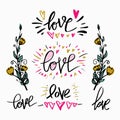 Set of lettering word Love, branch of flowers. Hand drawn design elements. Perfect design for invitations, romantic photo cards or