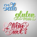 Set Lettering words. Gluten free, sale, wine not. Hand drawn. Vector illustration . Design element