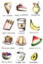 Set with letterings of hand drawn foods ice cream, cheesecake, smoothie, chocolate, coffee, banana, pancake, jello Royalty Free Stock Photo
