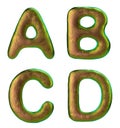 Set of letters A, B, C, D made of realistic 3d render natural gold snake skin texture.