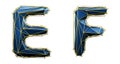 Set of letters E, F made of realistic 3d render blue color. Collection of low polly style alphabet isolated on white
