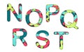 Set of letters font n, o, p, q, r, s and t. Multilayer colorful letters. Paper art carving. Creative typography