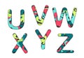 Set of letters font u, v, w, x, y, z. Multilayer colorful letters. Paper art carving. Creative typography characters