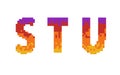 Set of letters and numbers made of multicolored bricks. 3d render of an alphabet, STU, graphic design and decoration, advertising