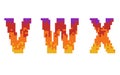 Set of letters and numbers made of multicolored bricks. 3d render of an alphabet, VWX, graphic design and decoration, advertising