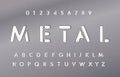 Set of letters and numbers in metal plate. Metallic material style of alphabet. Steel plate with font. Typography design