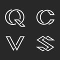 Set letters S, C, Q, V monogram logos mockup, black and white linear hipster initials identity creative minimal style emblem