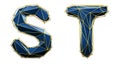 Set of letters S, T made of realistic 3d render blue color. Collection of low polly style alphabet isolated on white