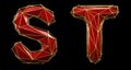 Set of letters S, T made of realistic 3d render red color. Collection of low polly style alphabet isolated on black