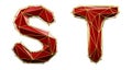 Set of letters S, T made of realistic 3d render red color. Collection of low polly style alphabet isolated on white