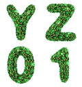 Set of letters Y, Z and number 0, 1 made of realistic 3d render green diamond. Collection of Diamond alphabet