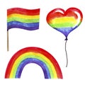 Set of lgbtq atributes hand painted in watercolor. Valentines day Lgbt rainbow, flag, balloon isolated on white Royalty Free Stock Photo