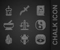 Set Libra zodiac, Christian cross, Masons, Yin Yang, Magic stone, Mortar and pestle, Ancient magic book and Burning