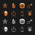 Set Libra zodiac, Old key, Spider, Burning candle, Moon, Pentagram circle, and Magic stone icon. Vector