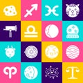 Set Libra zodiac, Planet Venus, Magic ball, Pisces, Telescope, Asteroid and Eclipse of the sun icon. Vector Royalty Free Stock Photo