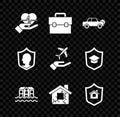Set Life insurance in hand, Briefcase, Car, House flood, with shield, and Plane icon. Vector Royalty Free Stock Photo