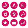 Set Life insurance with shield, Briefcase, Safe hand, Umbrella, Piggy bank, House, and Money icon. Vector