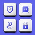 Set Life insurance with shield, Safe, Money and Broken or cracked lock icon. White square button. Vector Royalty Free Stock Photo