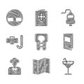 Set Life jacket, Folded map, Cocktail, Brochure, Tourist, Diving mask and snorkel, Ship bell and Glasses icon. Vector