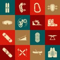 Set Life jacket, Hang glider, Boots, Carabiner, Bicycle trick, Ski goggles, and sticks and on street ramp icon. Vector