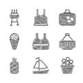 Set Life jacket, Yacht sailboat, Ice bucket, Signboard with text Hotel, Pineapple, cream waffle cone, Suitcase and
