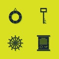 Set Lifebuoy, Decree, parchment, scroll, Ship steering wheel and Pirate key icon. Vector