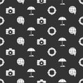 Set Lifebuoy, Globe with flying plane, Photo camera and Sun protective umbrella for beach on seamless pattern. Vector